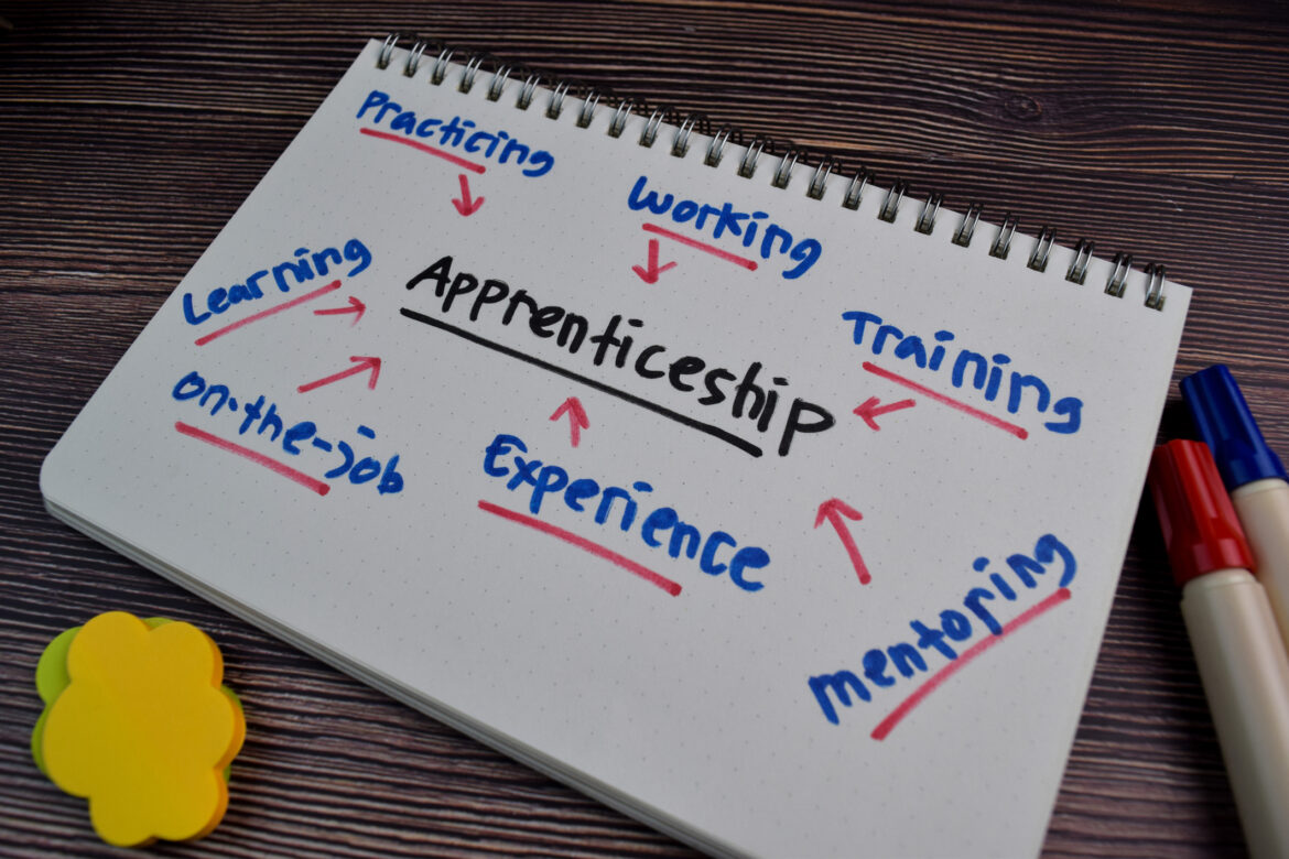 A notepad with words written linked to apprenticeships