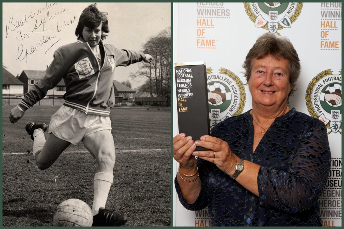 two photos side by side on the left is a black and white photo of a young woman (Sylvia Gore) playing football on the right is an older Sylvia holding an award statue.