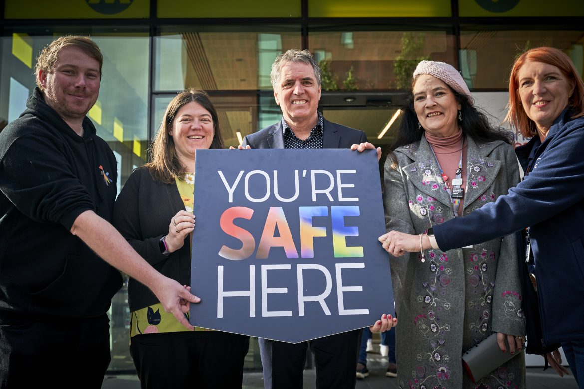(L-R) Andi Herring, Chief Executive Liverpool Pride Foundation; Emily Spurrell, Merseyside Police and Crime Commissioner; Liverpool City Region Mayor Steve Rotheram; Cllr Clare Carragher, Chair of the Travelsafe Board; Nikki Swanson, Travelsafe Officer
