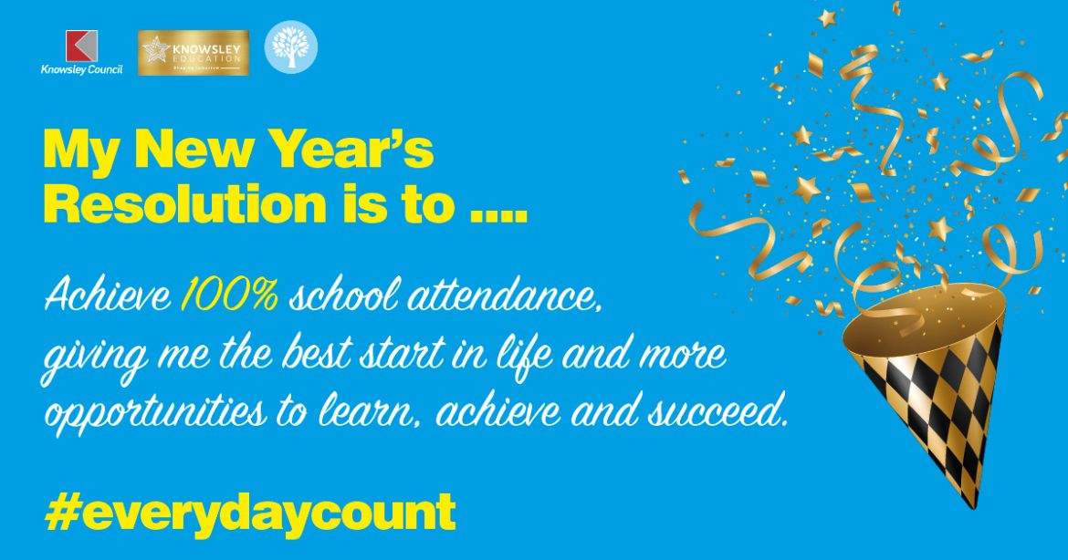 Blue background with party hat and confetti. Text reads: My New Year's Resolution is to achieve 100% attendance, giving me the best start in life and more opportunities to learn, achieve and succeed