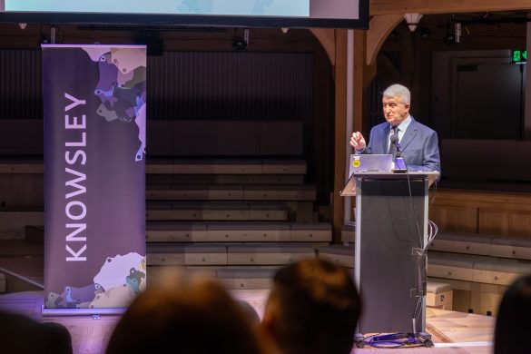 KMBC Ambassadors event SNP 24 Jan 2024 (1 of 1)-29 A speaker on stage at the Shakespeare North Playhouse.