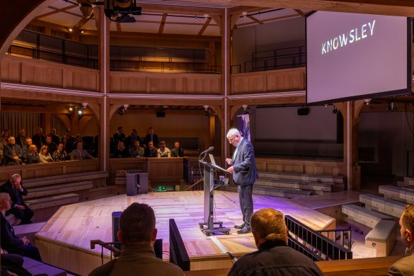 KMBC Ambassadors event SNP 24 Jan 2024 (1 of 1)-40 An audience at the Shakespeare North Playhouse watch on as a speaker addresses them from the stage.