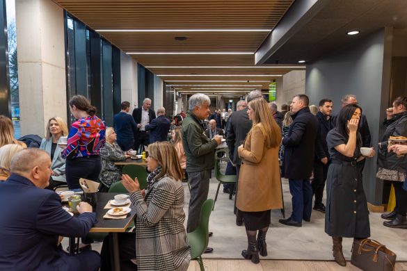 KMBC Ambassadors event SNP 24 Jan 2024 (1 of 1)-8 Attendees at the Knowsley Ambassador meeting networking and enjoying refreshments at the Shakespeare North Playhouse cafe.